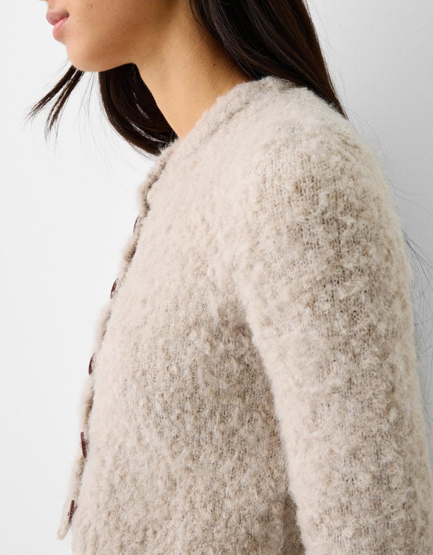 Short bouclé button-up cardigan-Sand-5