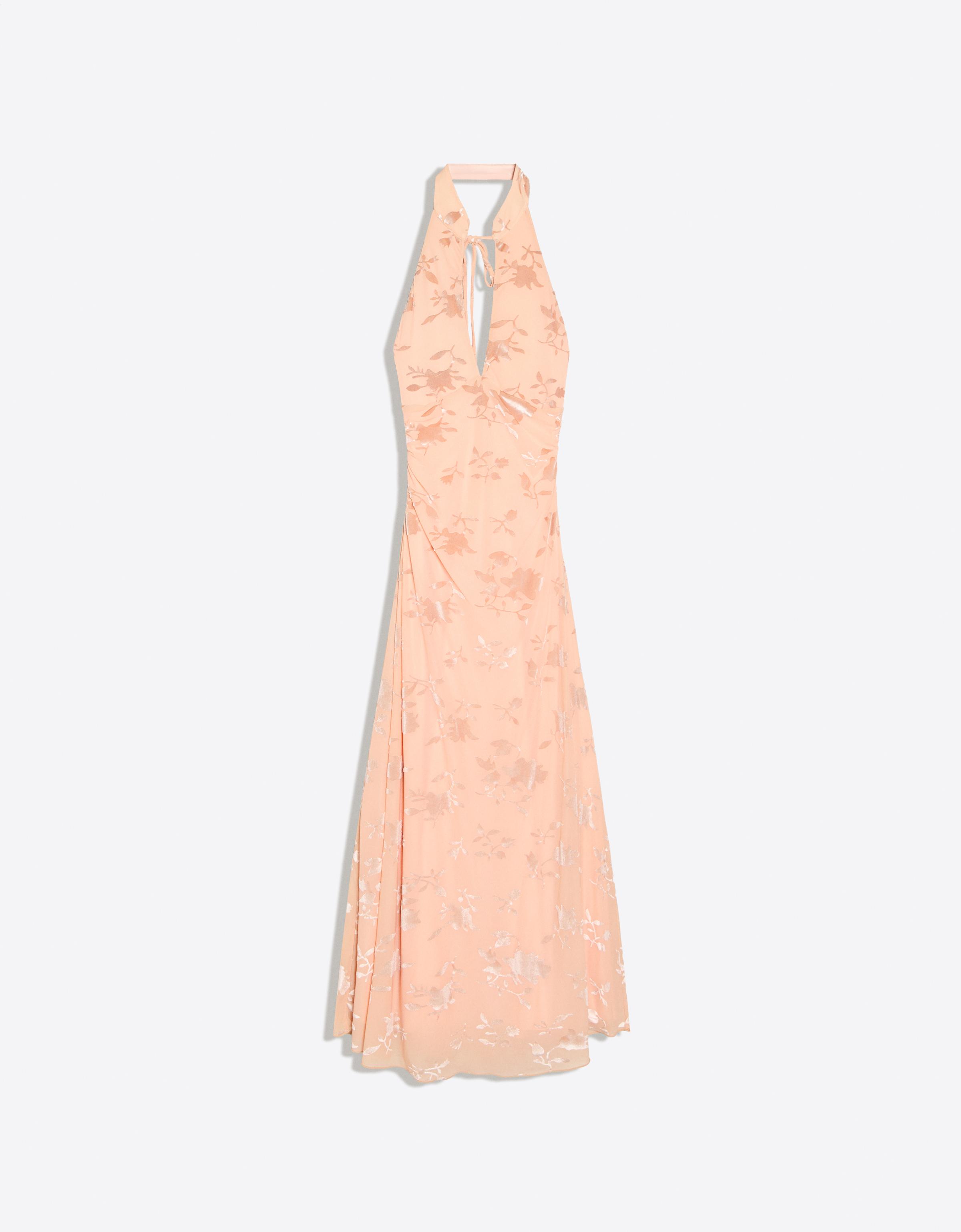 Flocked tulle halter midi dress — Orange