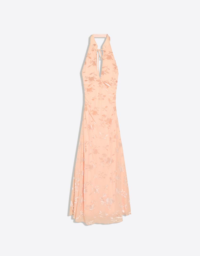Flocked tulle halter midi dress-Orange