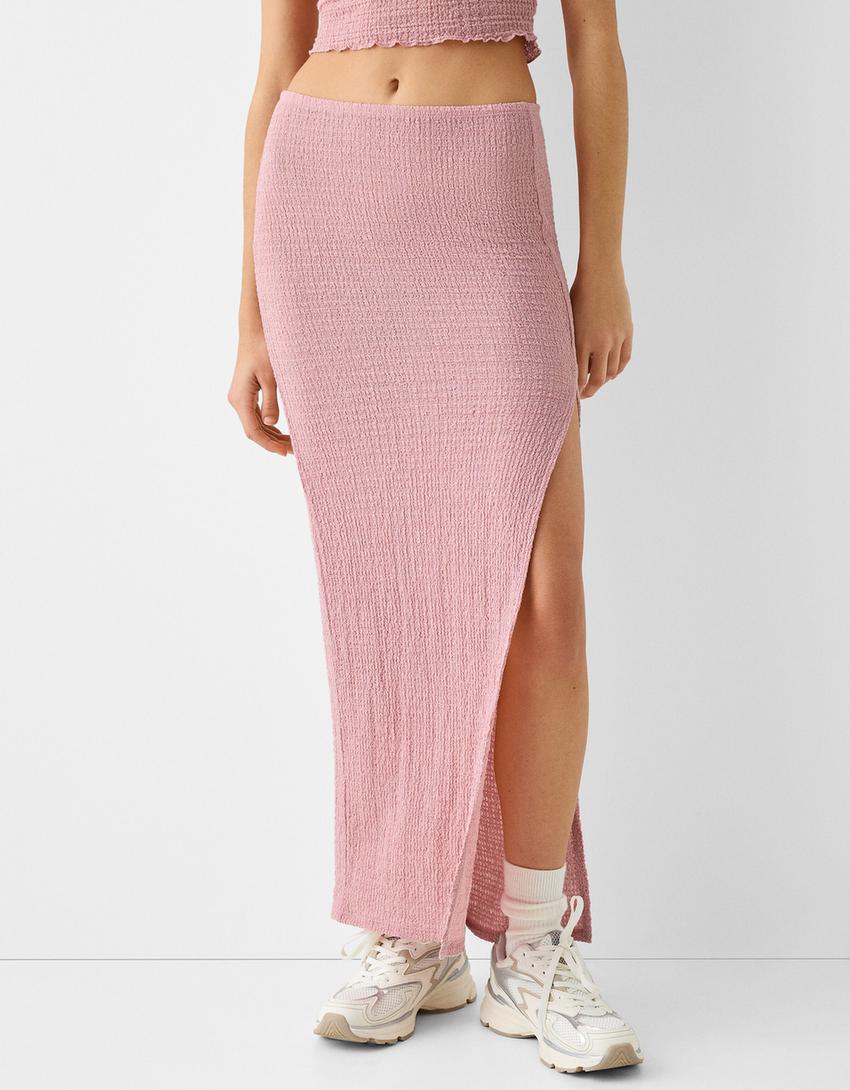 Waffle-knit top and skirt set-Pink-1