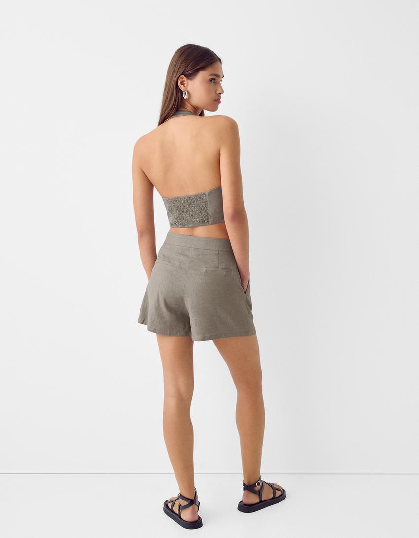 Darted Bermuda shorts with linen-Khaki