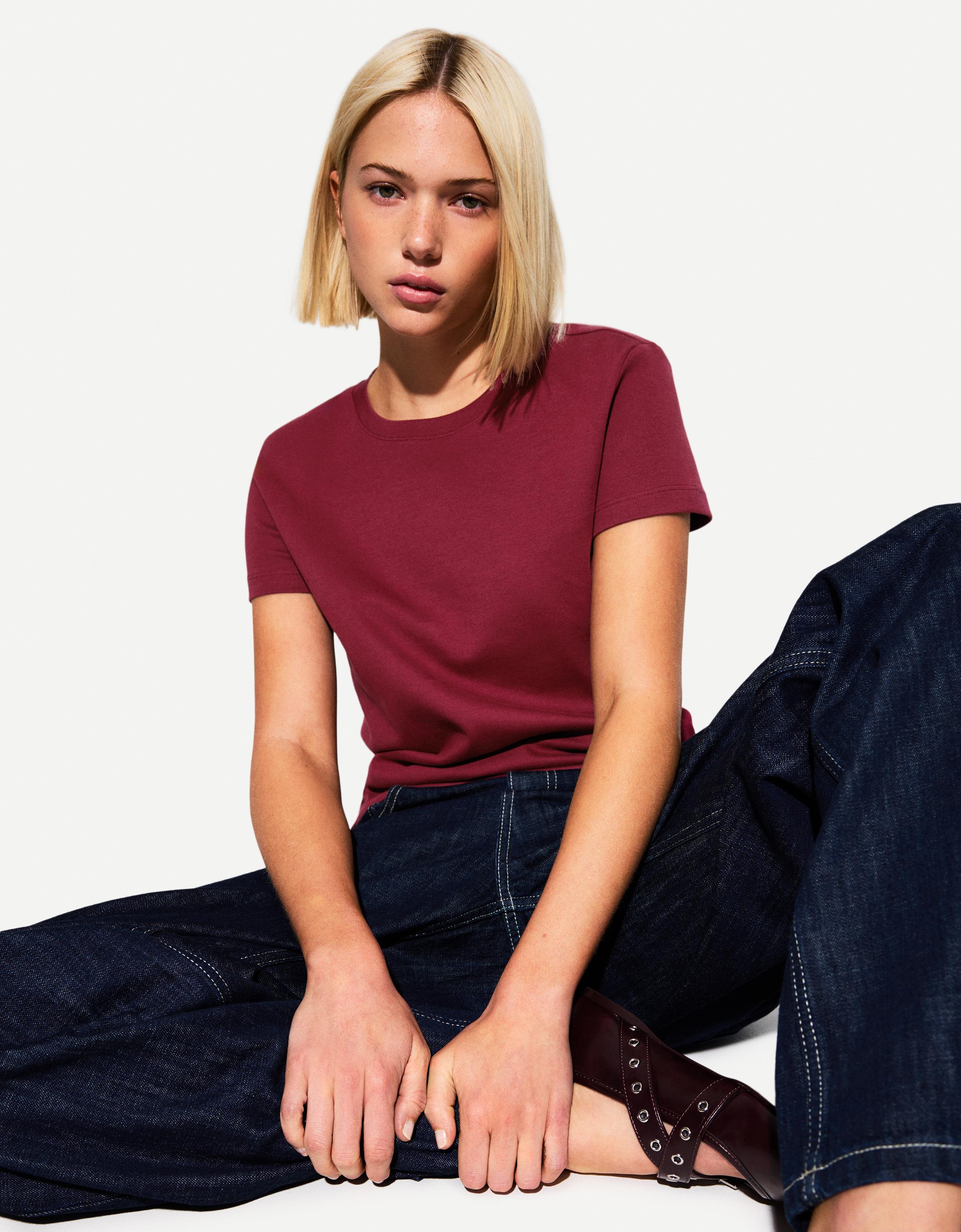 Bershka Kurzarm-T-Shirt Heavy Cotton Damen M Bordeaux