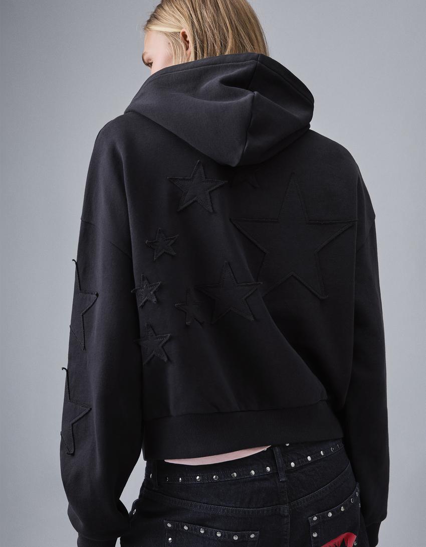 Nakışlı kapüşonlu fermuarlı sweatshirt-Denizci mavisi