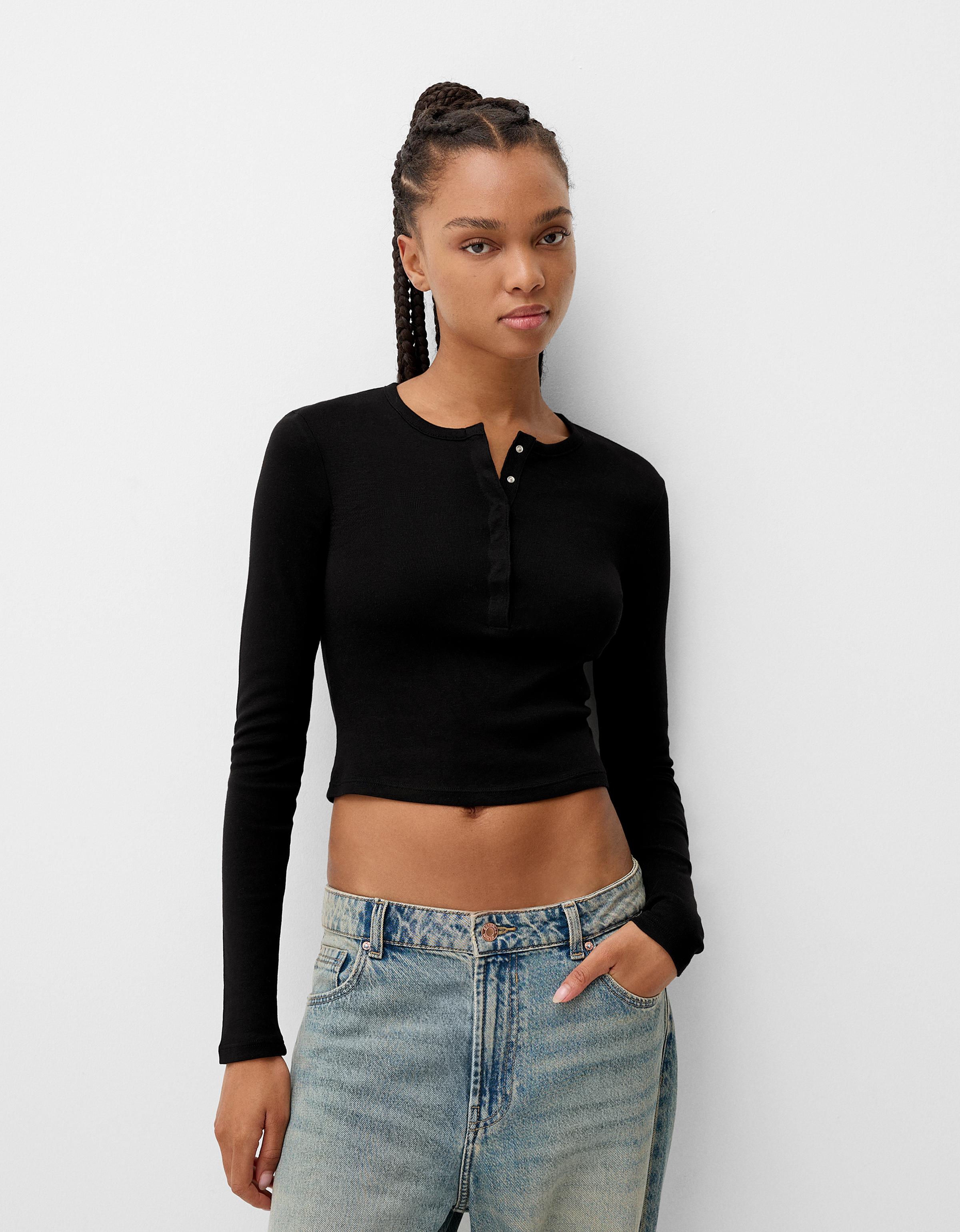 Bershka Langärmliges Shirt Mit Rundem Ausschnitt Und Kurzer Knopfleiste Damen Xs Schwarz