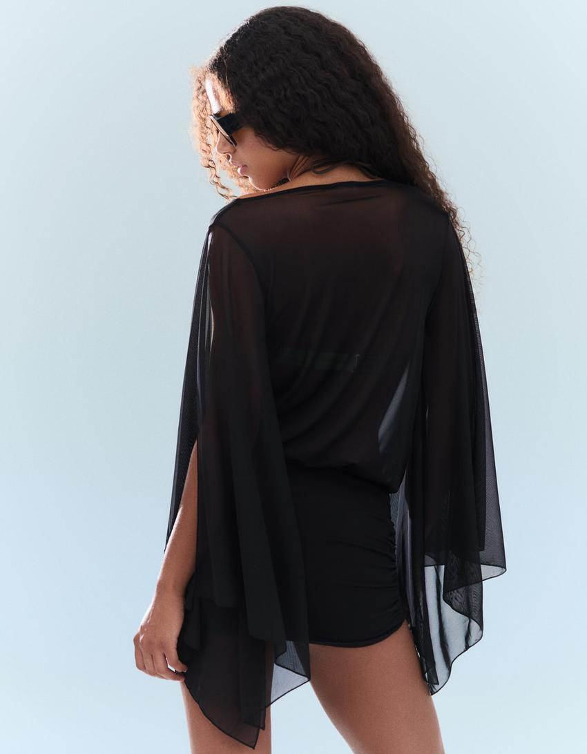 Vestido mini manga capa-Negro