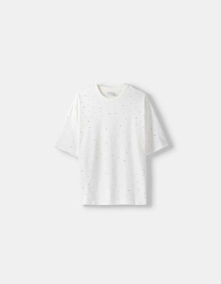 تيشرت فضفاض بأكمام قصيرة وحجر راين-كريمي-4