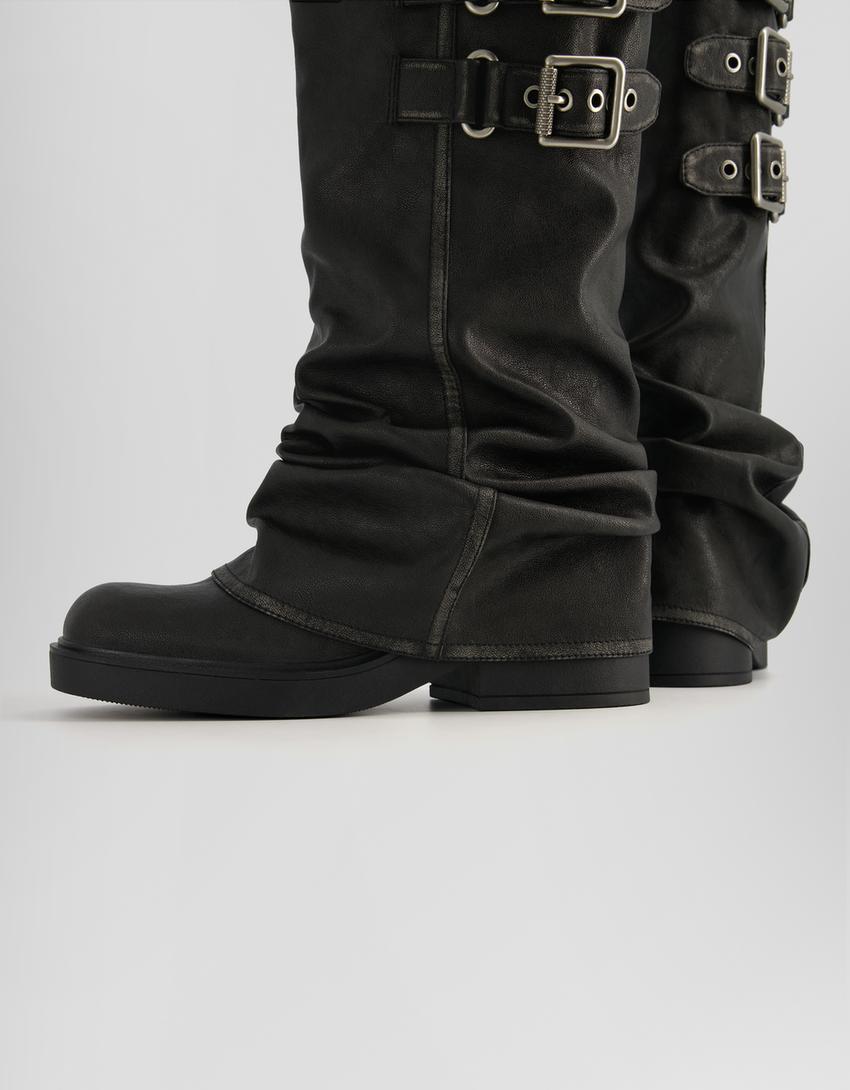 Flat slouchy biker boots with buckles-BLACK