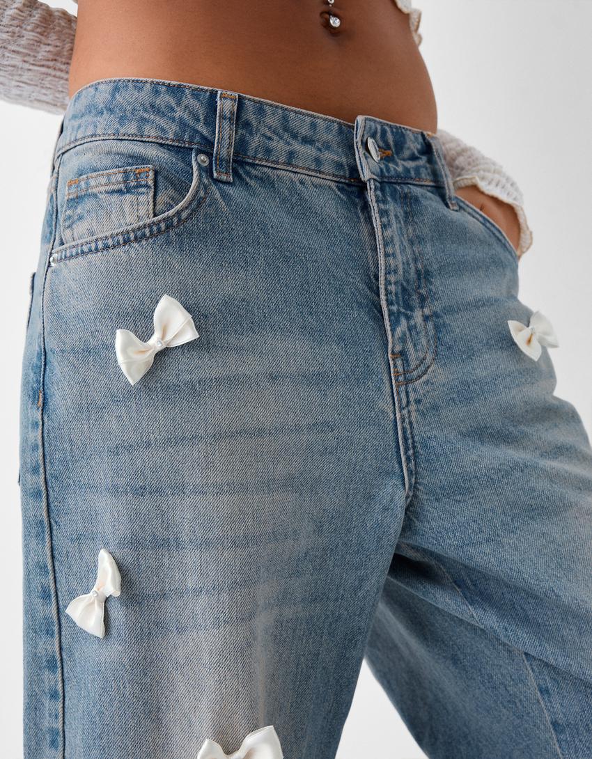 Baggy jeans with bows-Light blue-4