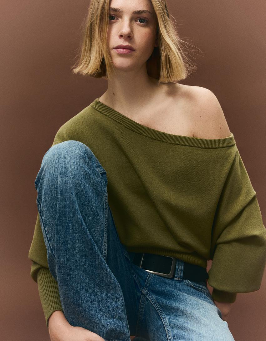 Asymmetrisk genser med ribbestrikket kant-Grønn