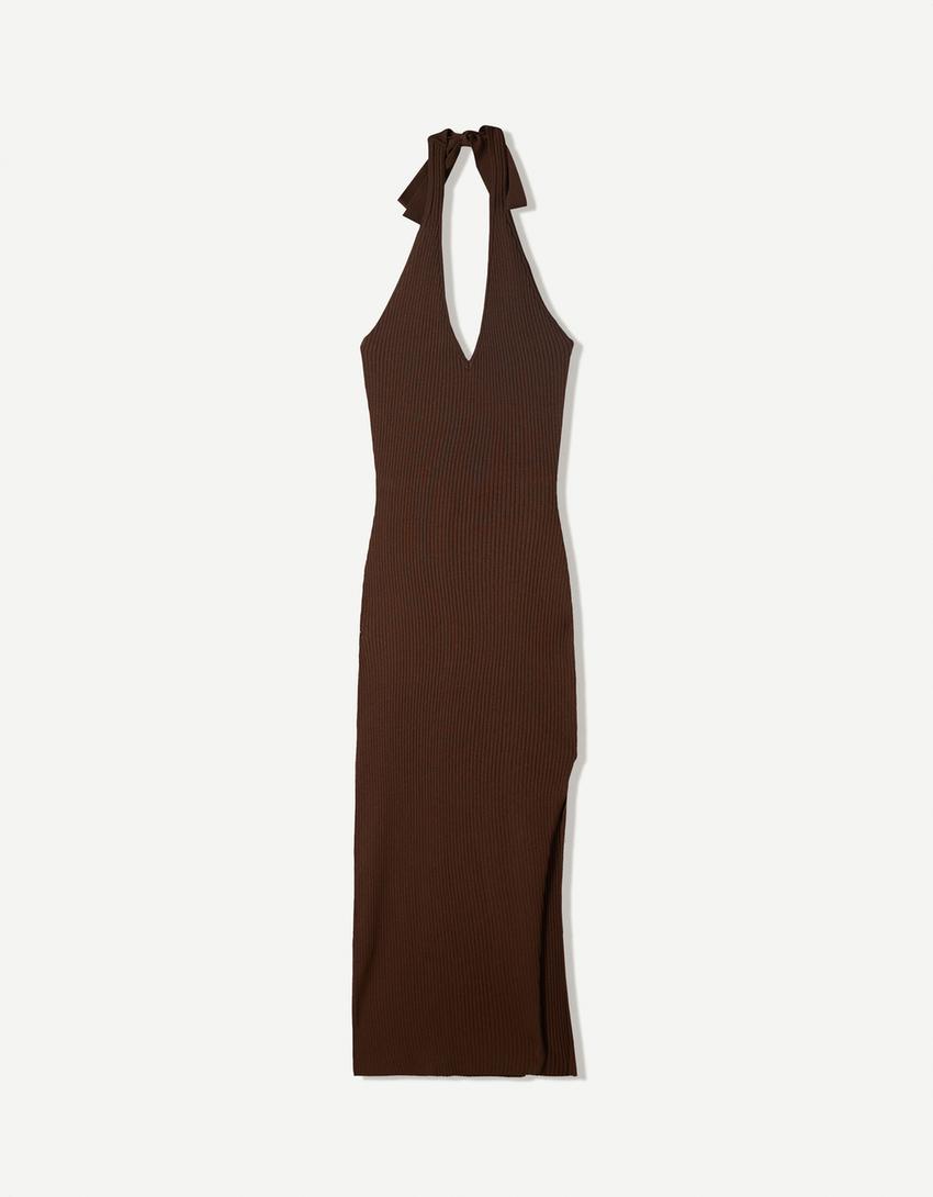 Vestito midi con collo halter-Marrone-4