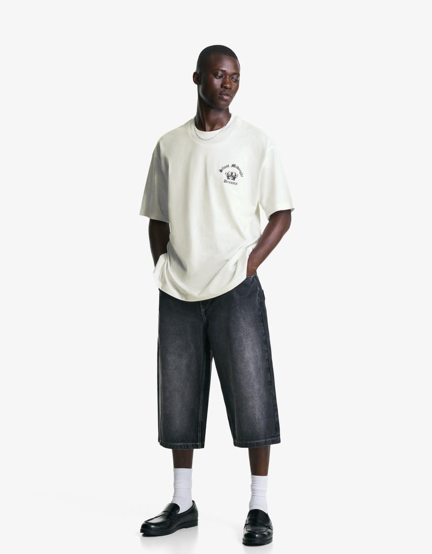 T-shirt met print en korte mouw-Gebroken Wit-3