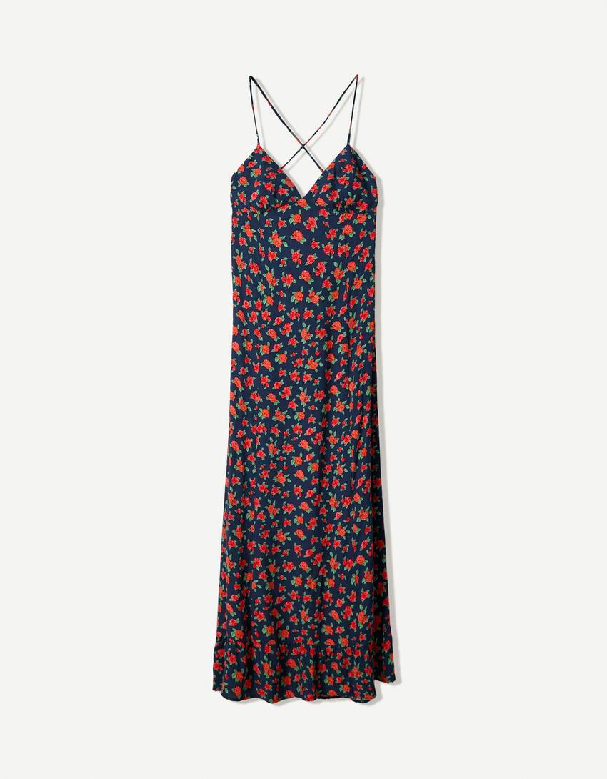 Printed strappy midi dress-Blue