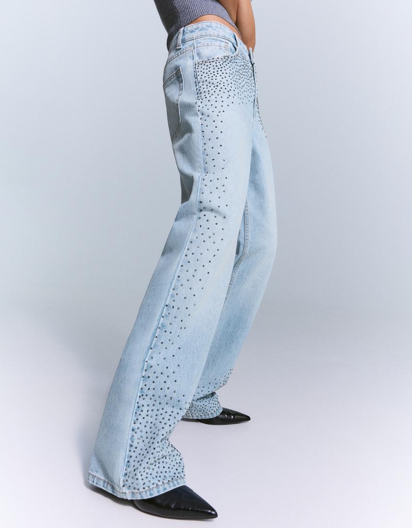 Straight wide-leg jeans with rhinestones-Light blue-1