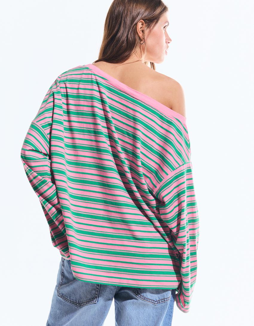 Asymmetric neck long sleeve print T-shirt-Pink