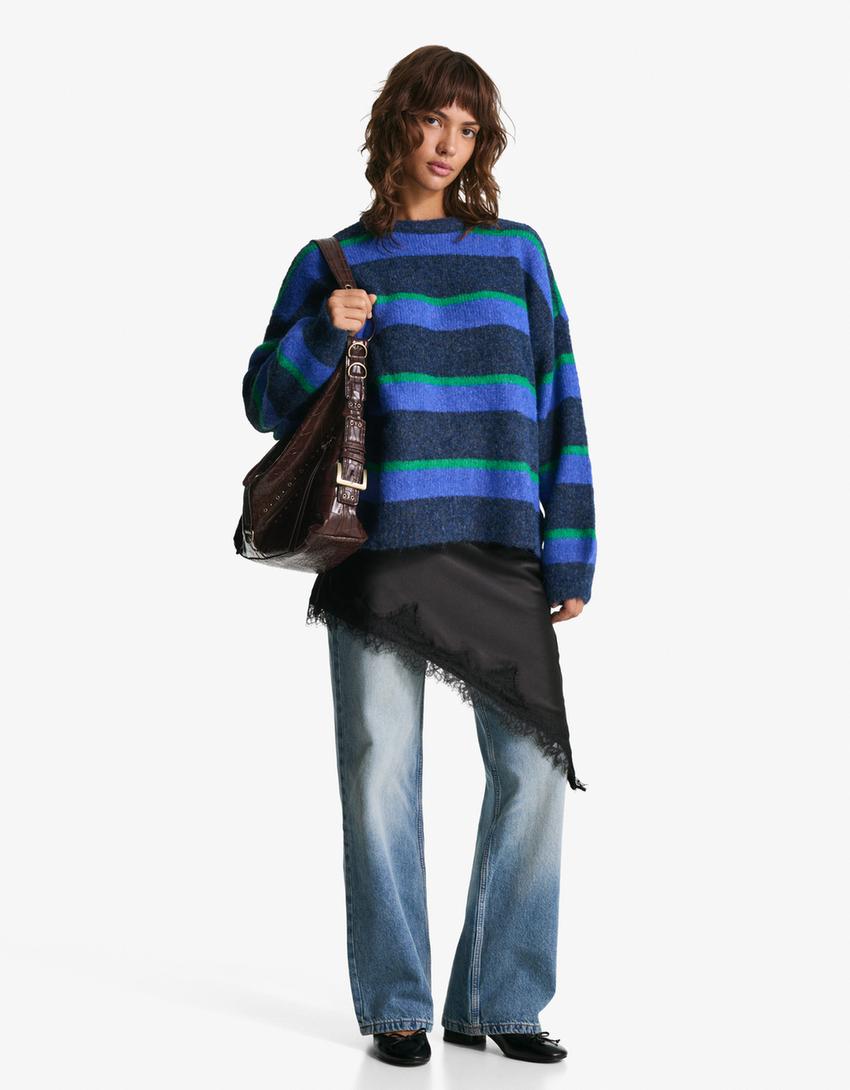 Sweter w wielokolorowe paski-Niebieski