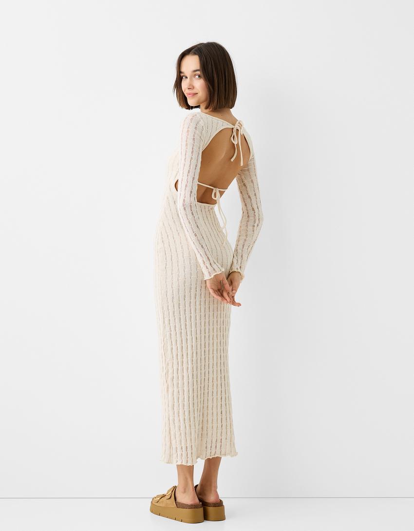 Long sleeve rustic midi dress-Cream-2