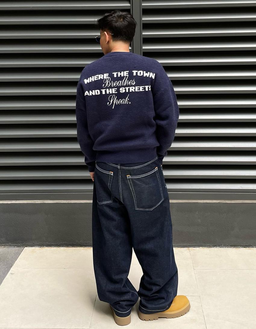 Embroidered jacquard sweater-Navy