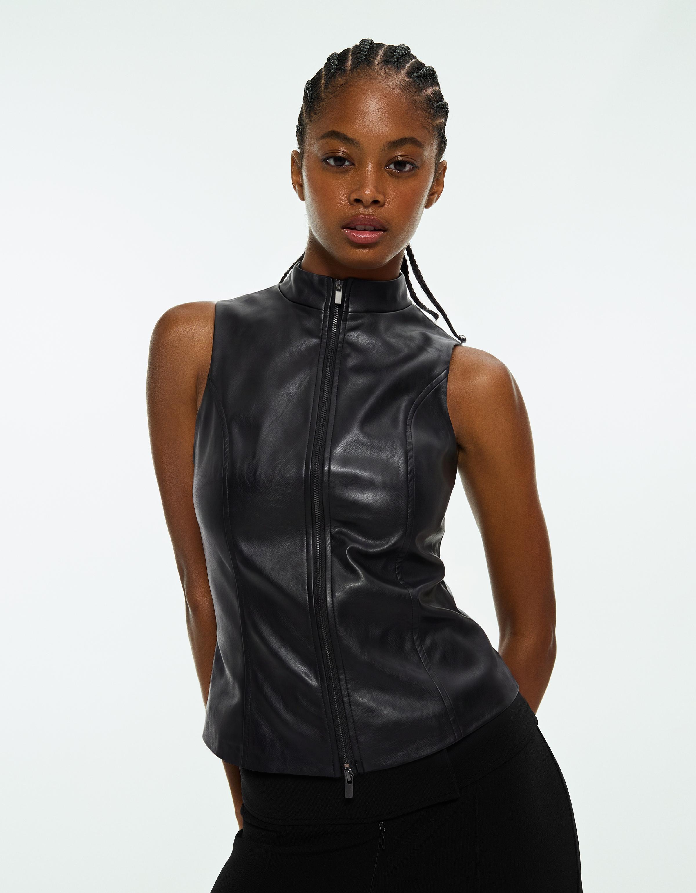 Leather-effect sleeveless high-neck top — Black