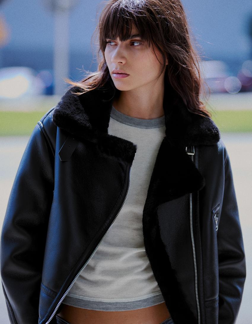 Cropped double-faced biker jacket-Black