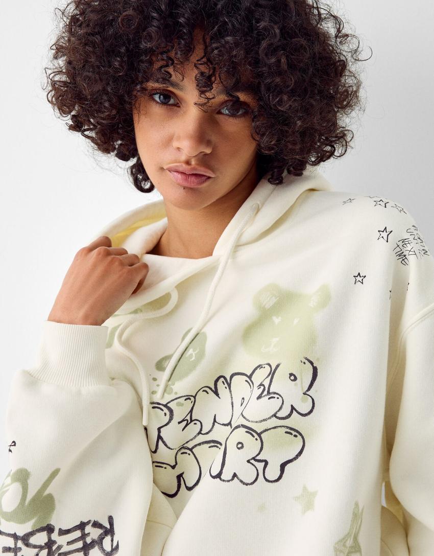 Printed hoodie-Cream