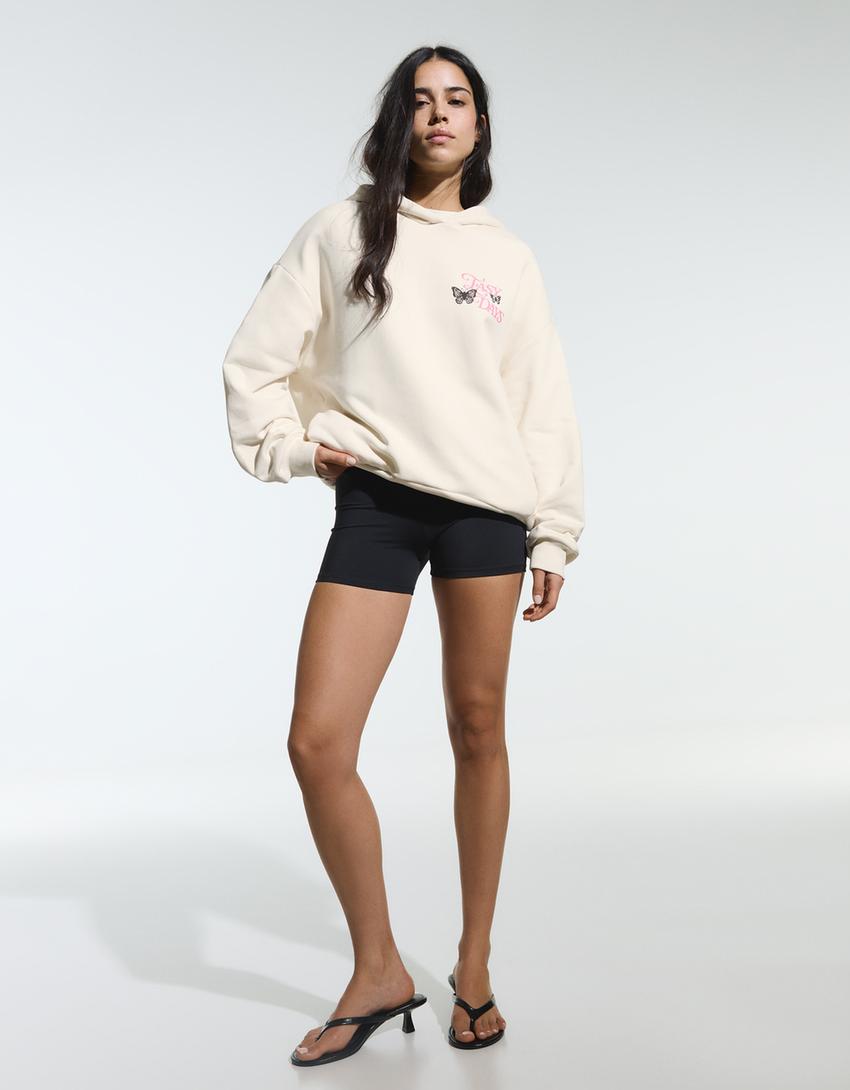 Baskılı kapüşonlu sweatshirt-Krem