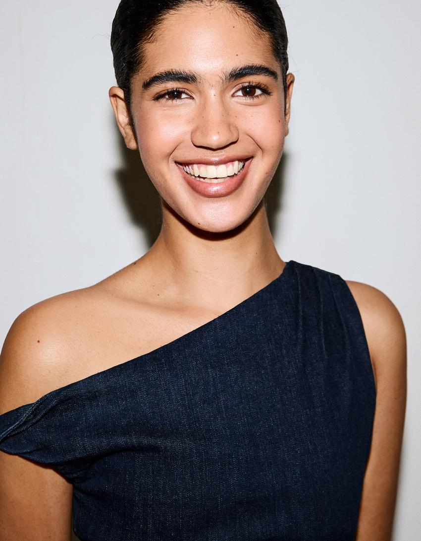 Off-shoulder denim dress-Navy