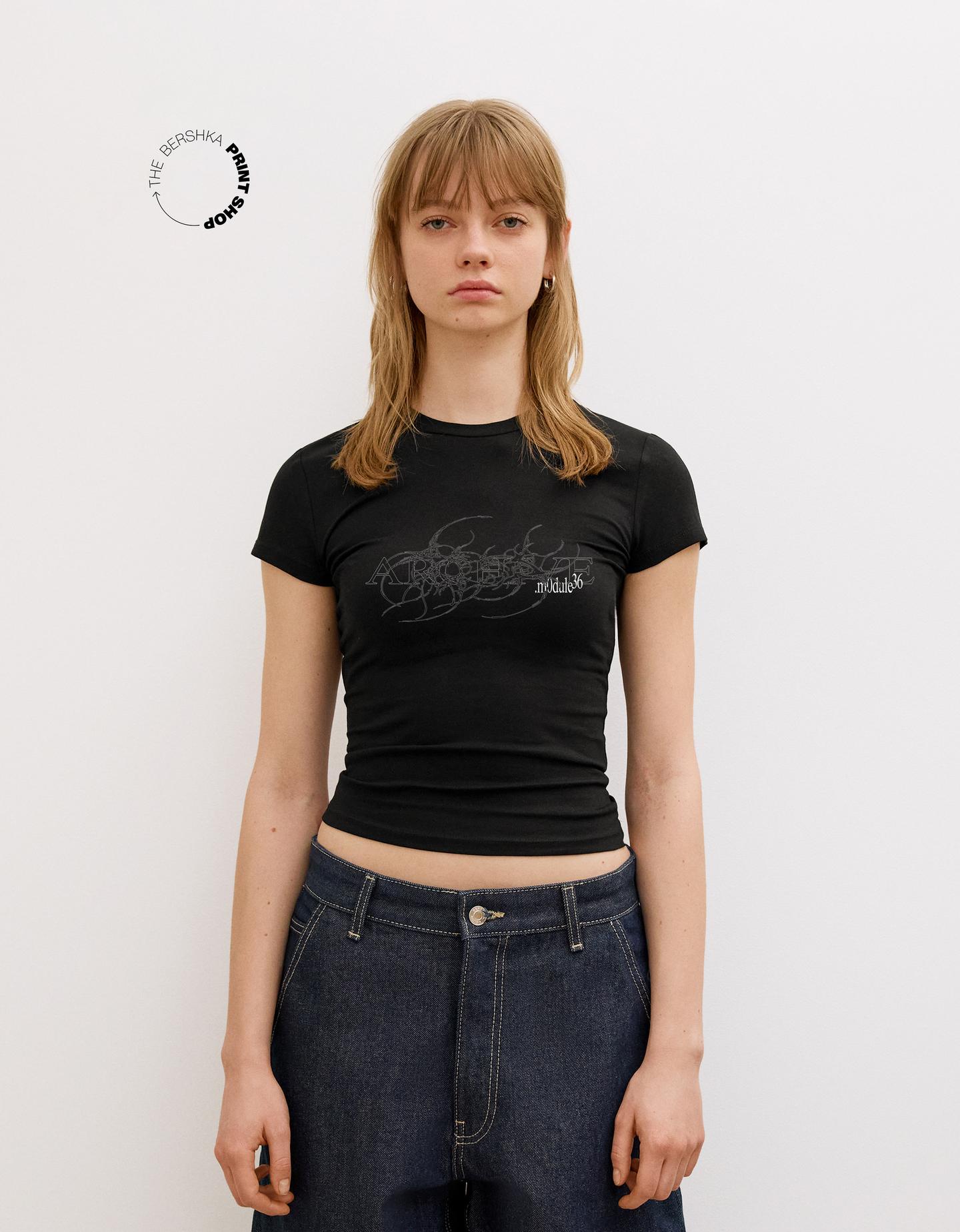 Bershka Camiseta Manga Corta Print Mujer 10-12 Negro