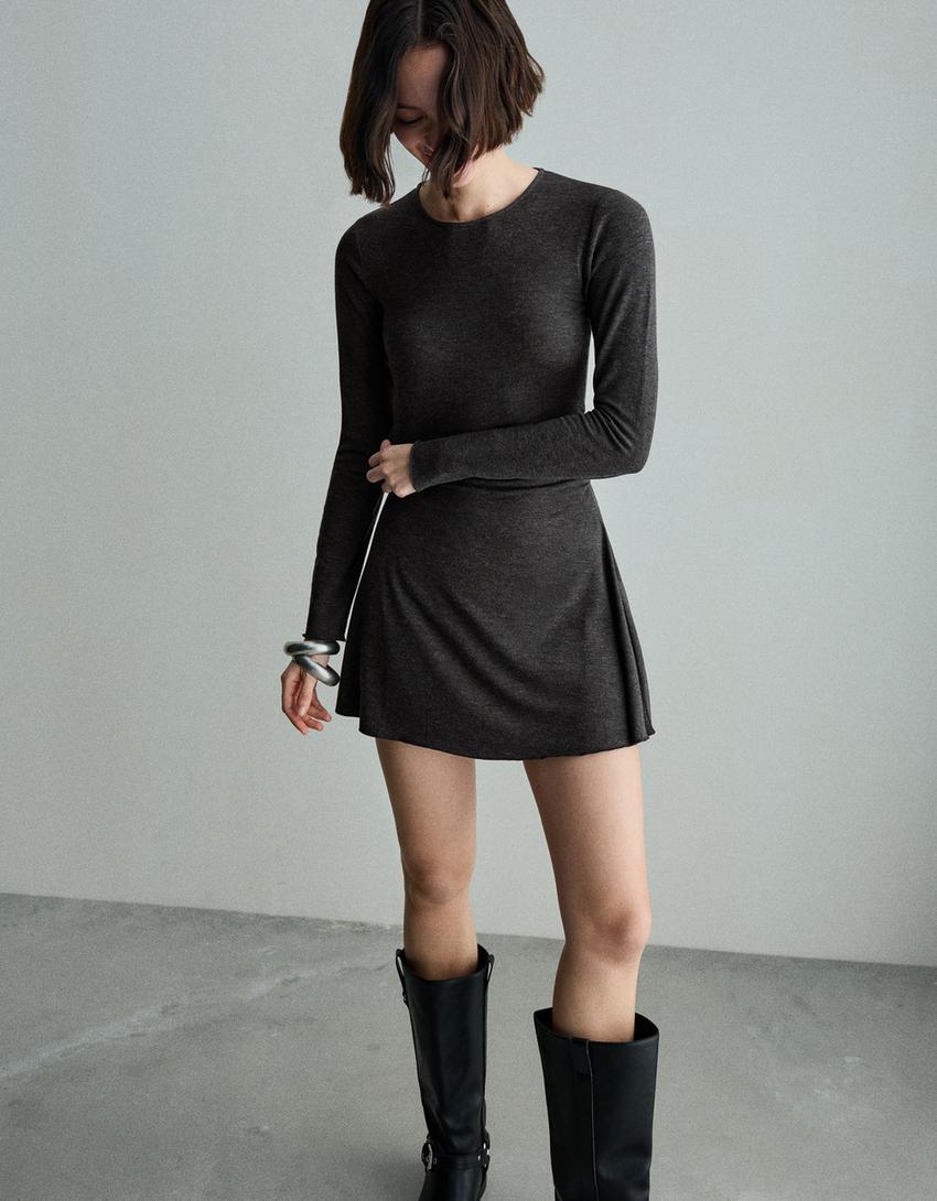 Vestido mini manga larga frunces-Gris oscuro