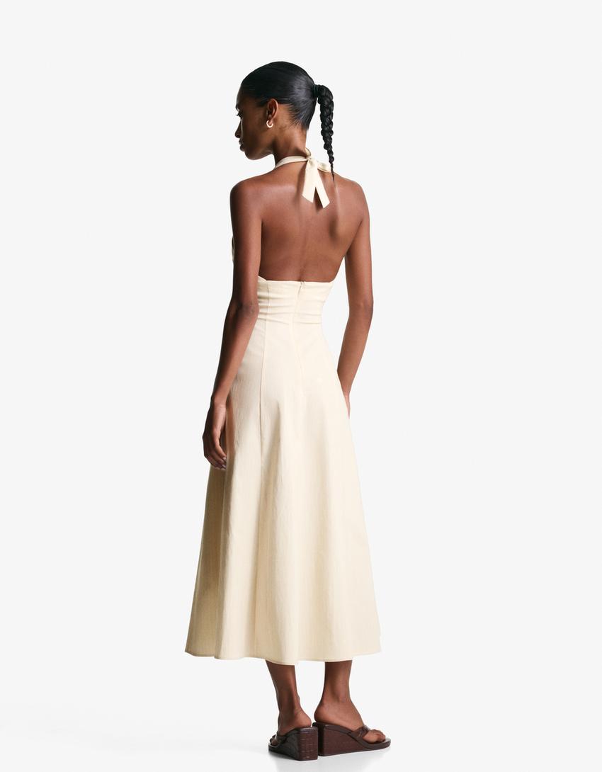 Robe midi encolure américaine bengalina-Beige-1