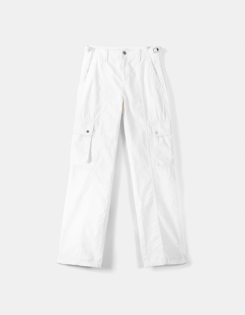 Calças straight cargo ajustáveis algodão-Branco-4