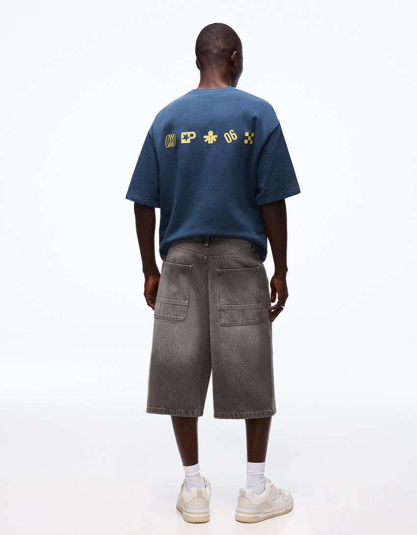 Calções bermuda denim Skater-Cinza