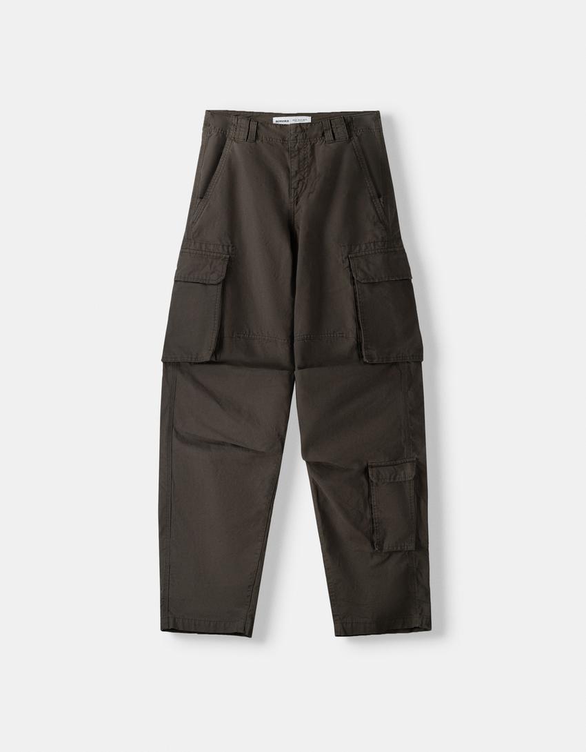 Voluminous multipocket cargo trousers-Khaki