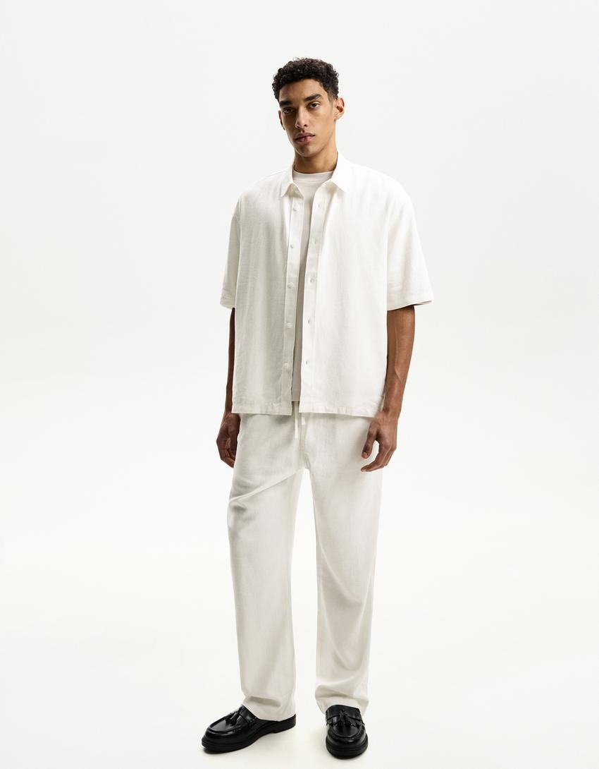 Short sleeve linen blend shirt-White-3
