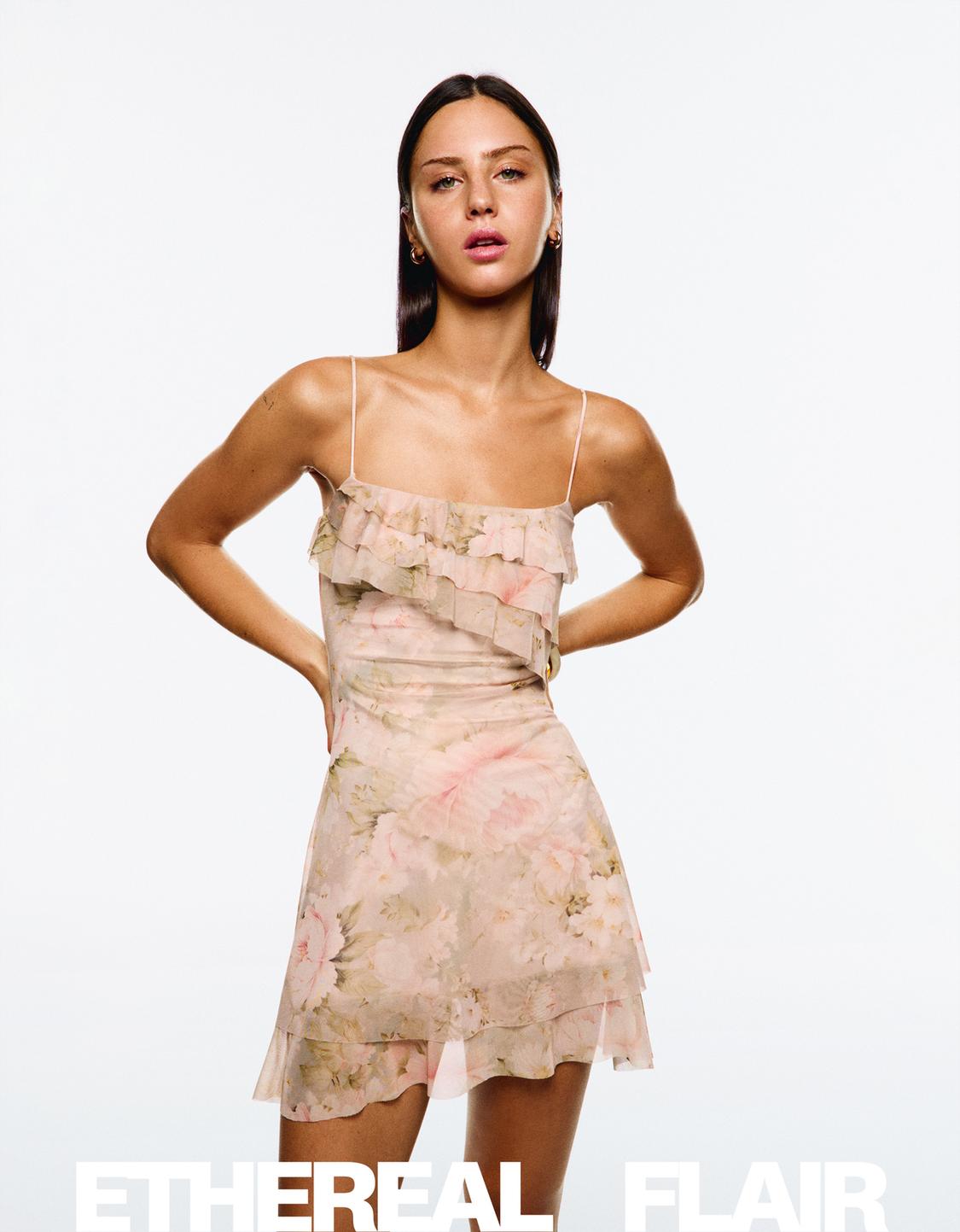 Printed tulle mini dress with ruffles