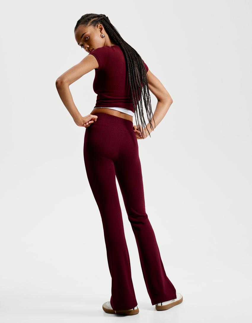 Flared broek met geribbelde taille-Bordeaux-1