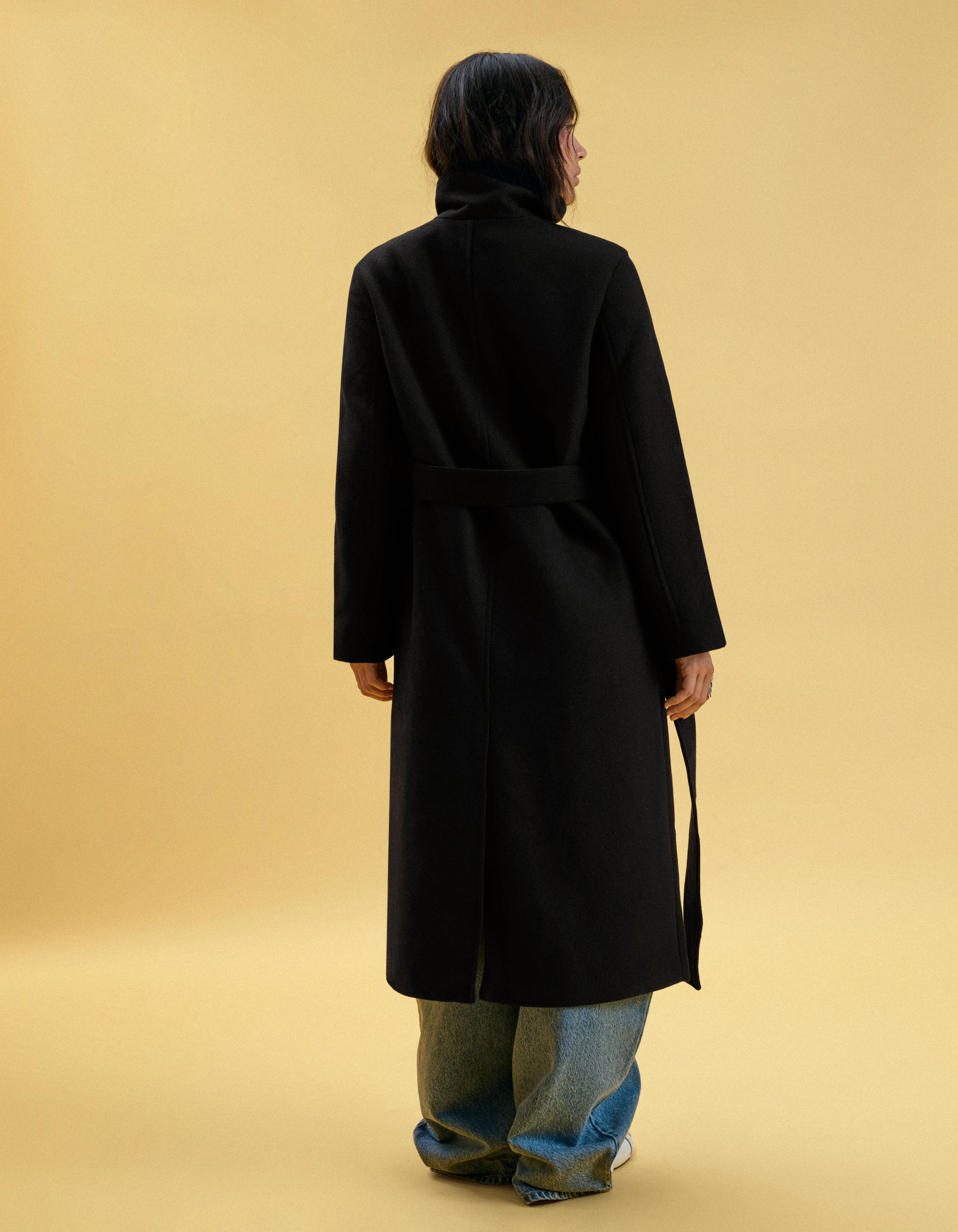 Long funnel neck coat with belt — Black