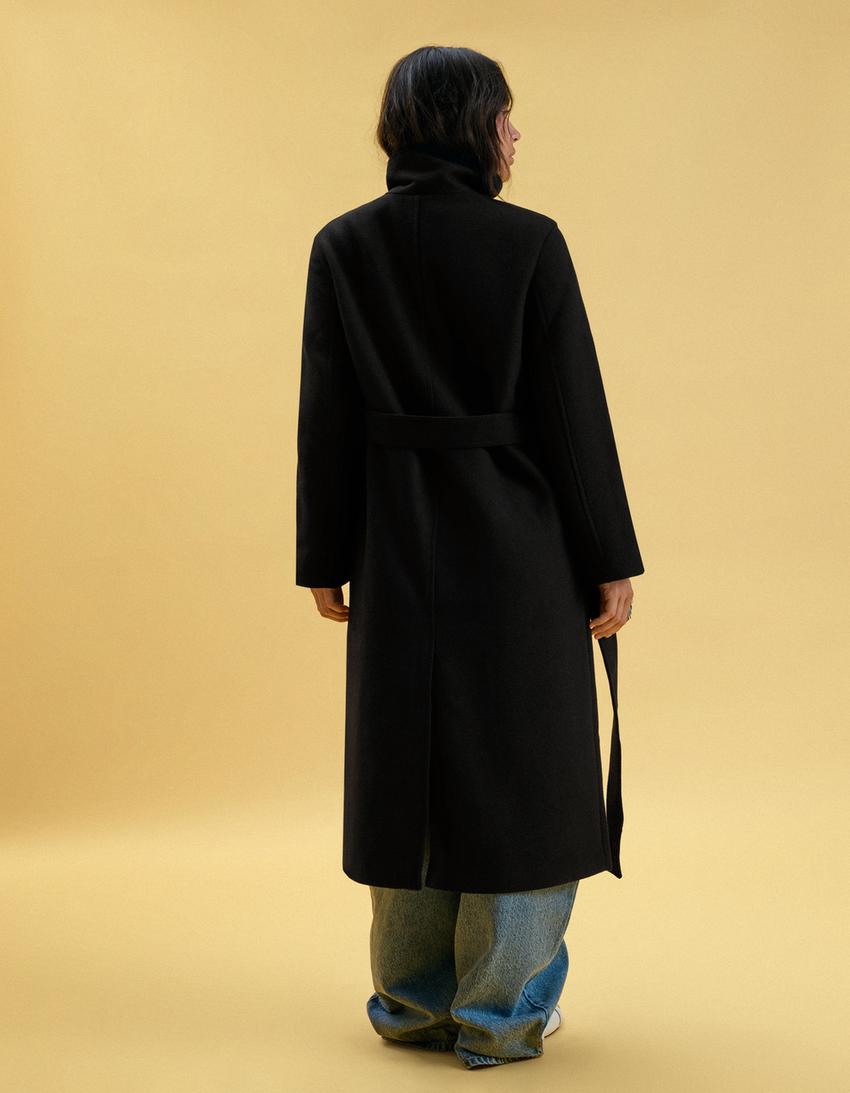 Long funnel neck belted coat-Black