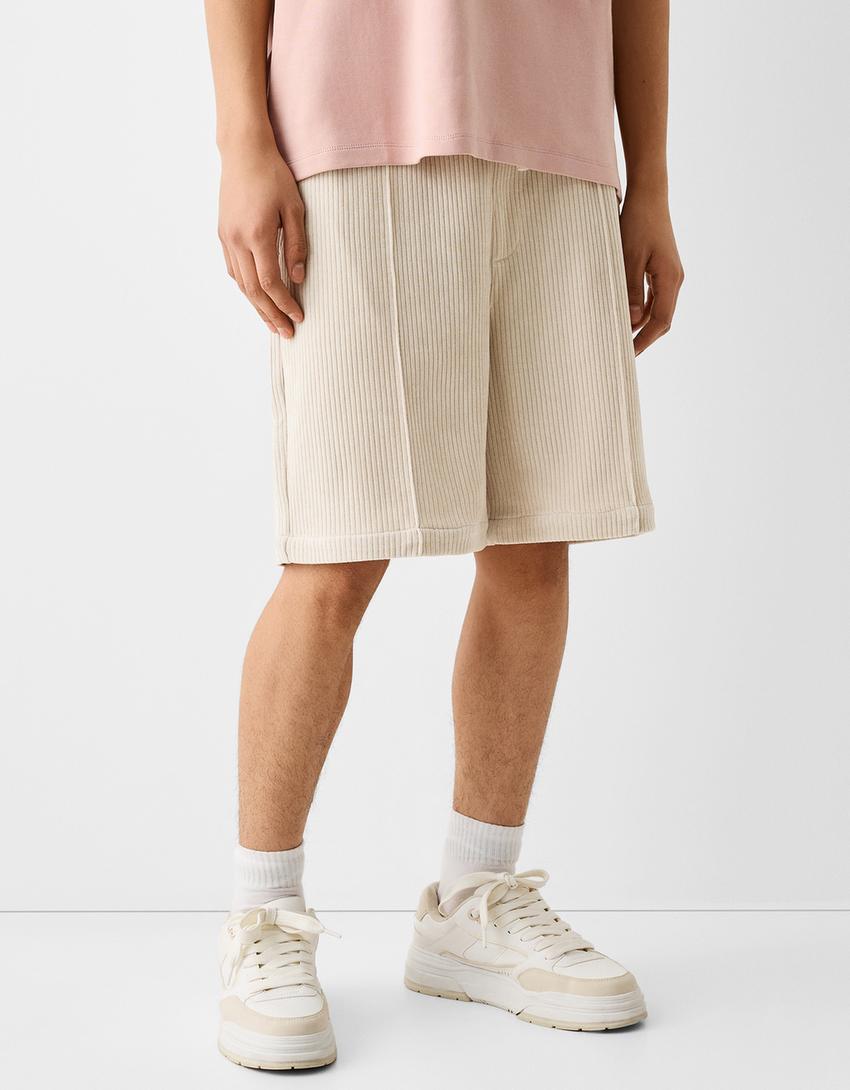 Loose fit chenille Bermuda shorts-Sand-1