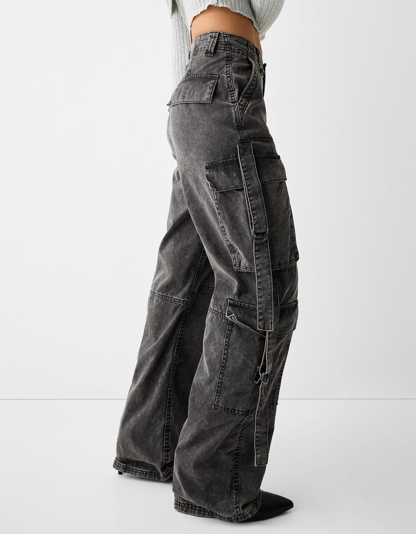 Pantalon cargo coton lanières-Gris-3
