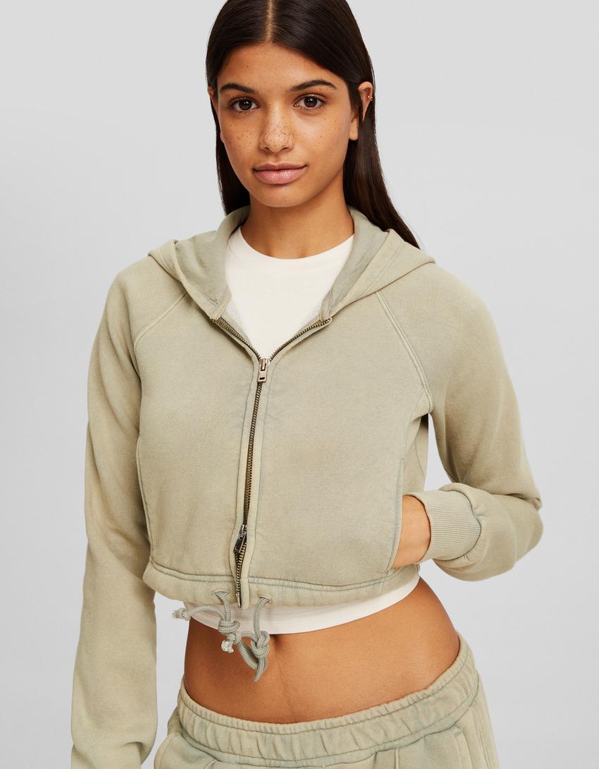 Cropped zip-up hoodie-Khaki-2