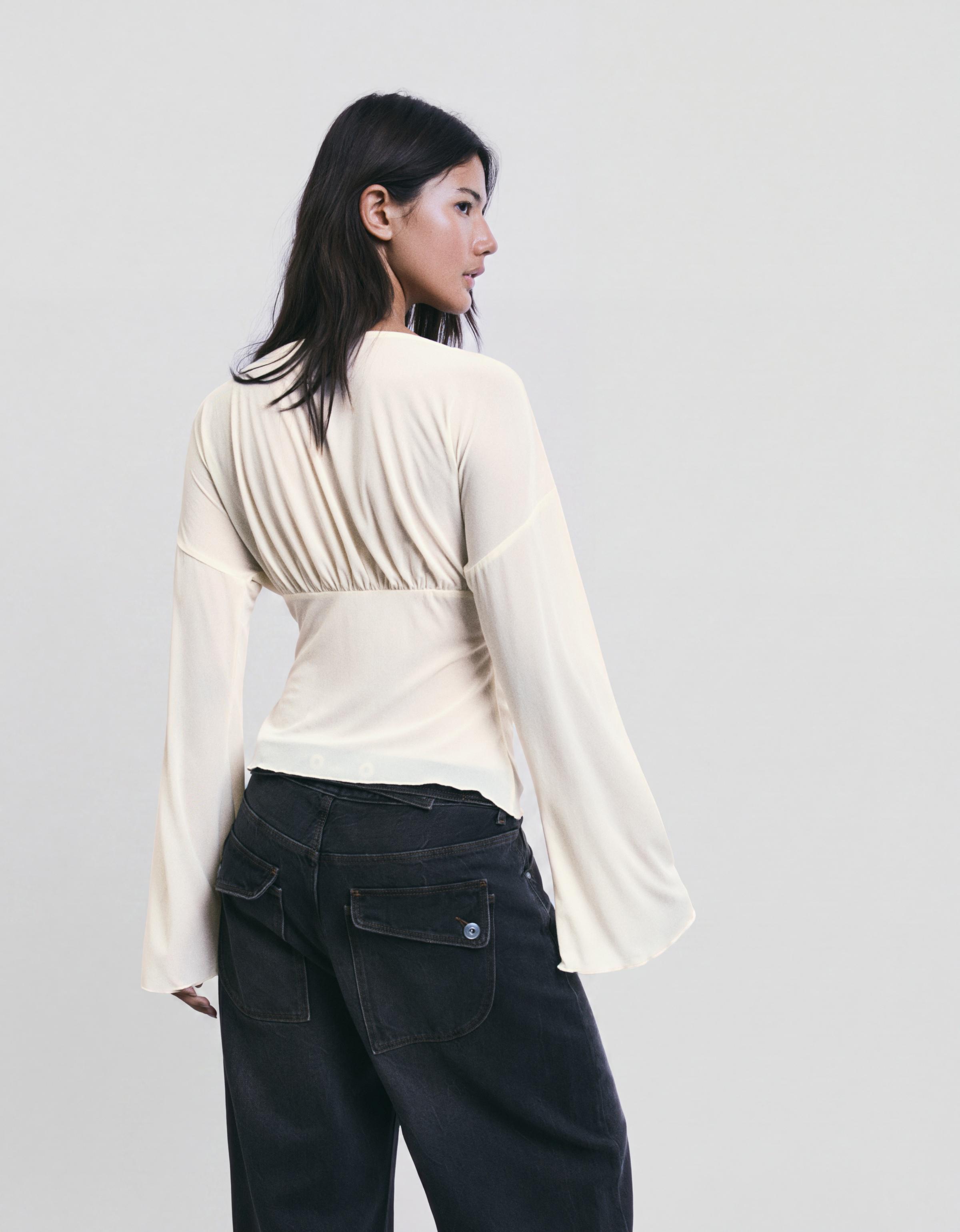 Long sleeve corset-effect T-shirt — Cream