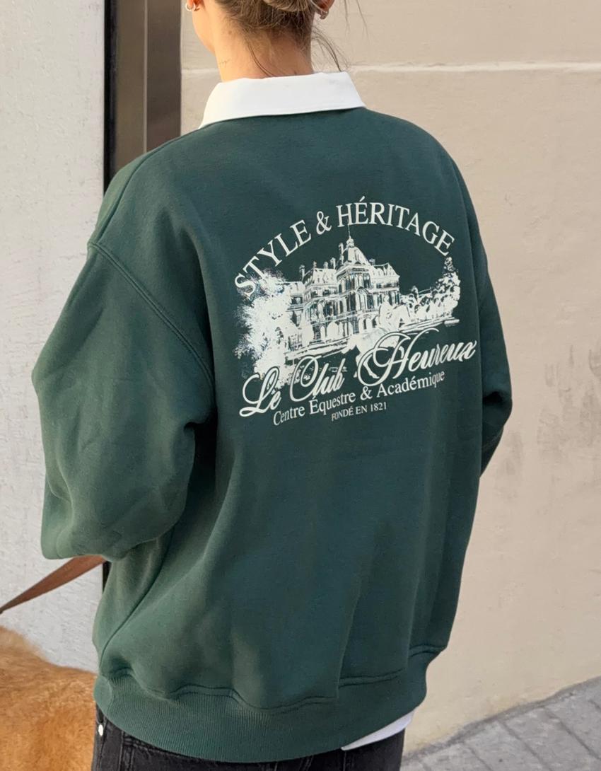 Pull col polo imprimé-Vert