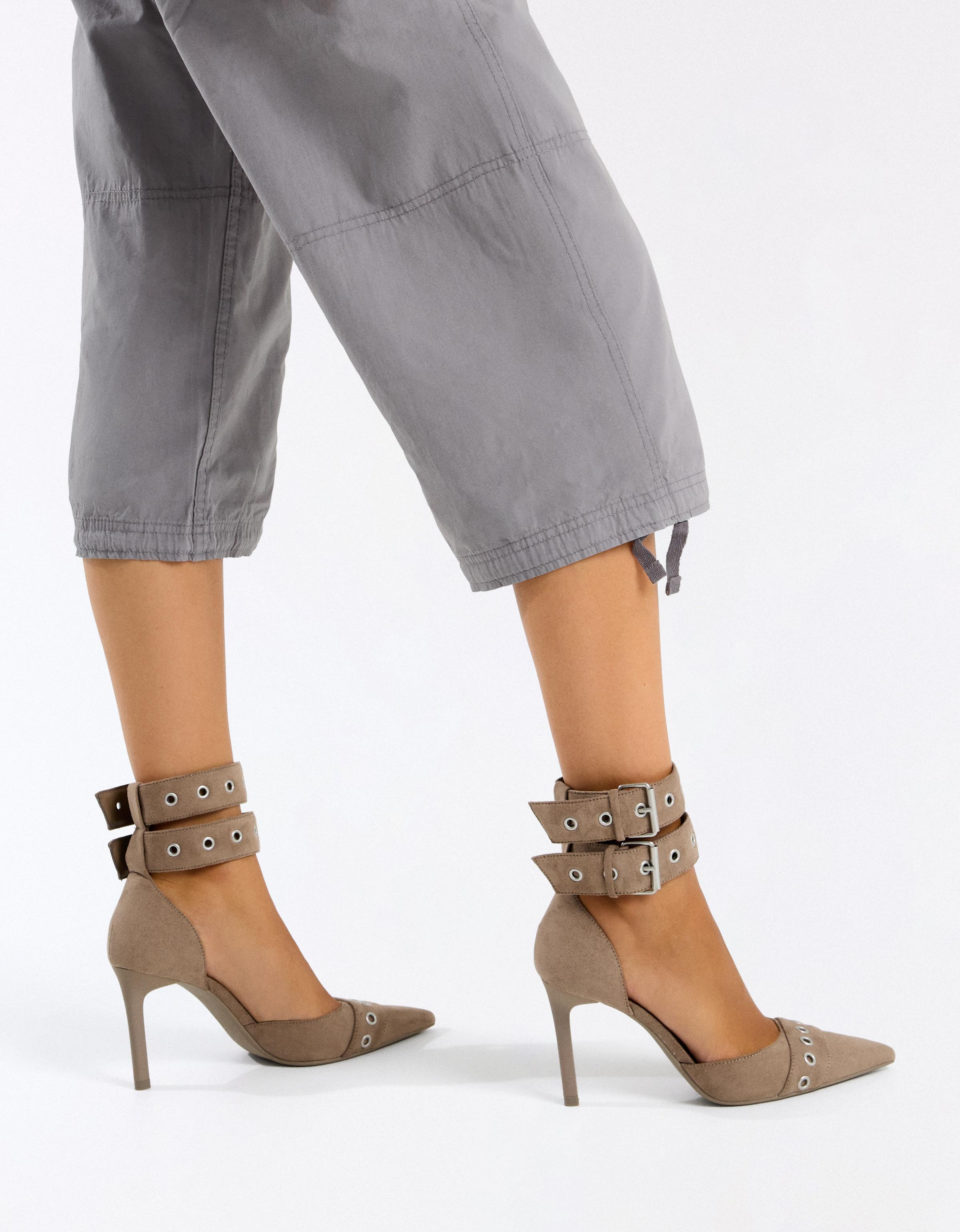 MULTI-BUCKLE ANKLE STRAP HEELS — SAND