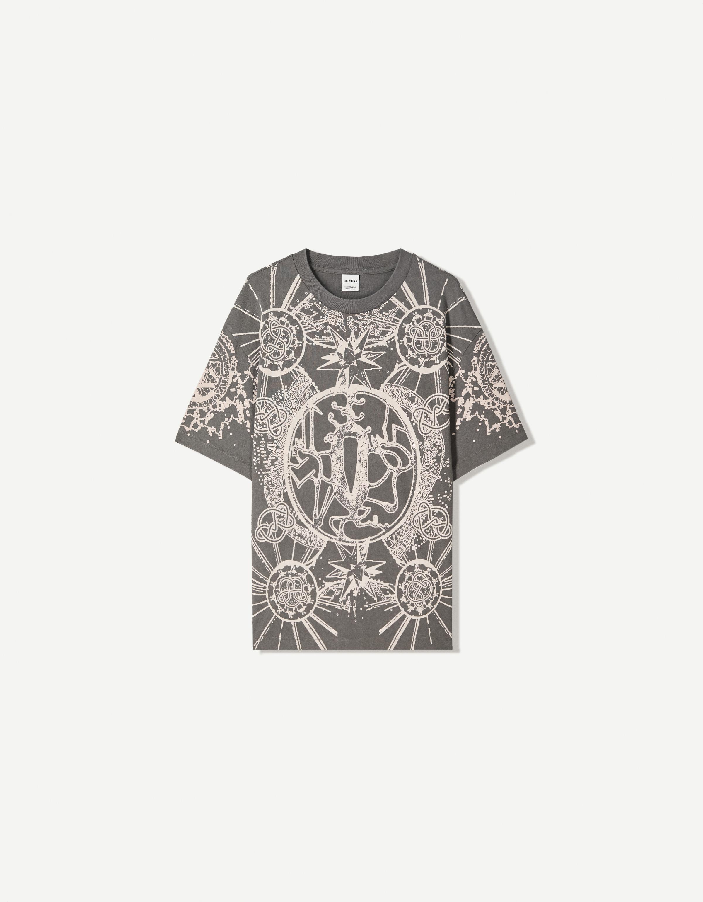 Bershka T-Shirt Mit Print Und Kurzen Ärmeln Herren Xs Grau