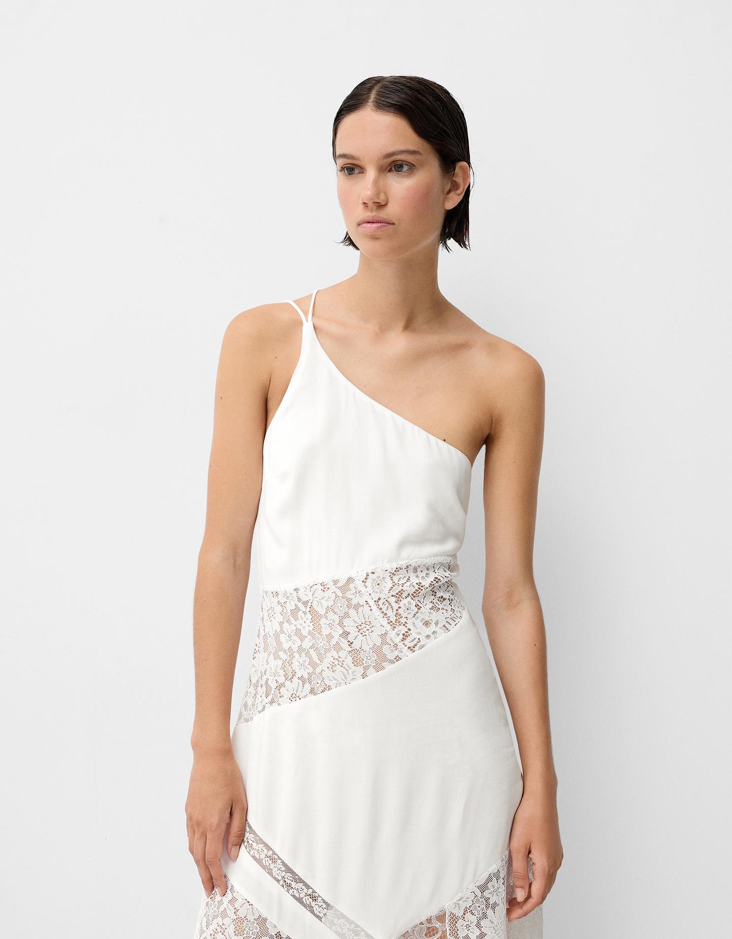 Bershka Vestido Midi Asimétrico Blonda Mujer Xs Blanco