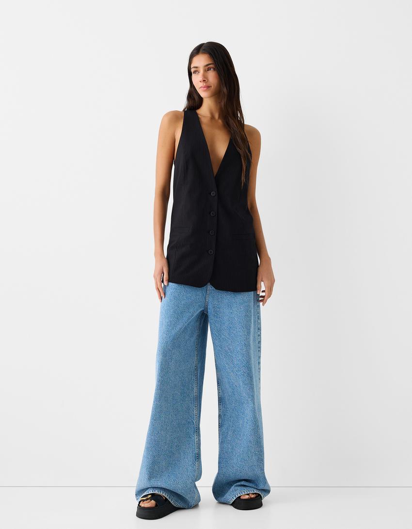 Gilet long sans manches boutons-Noir-3