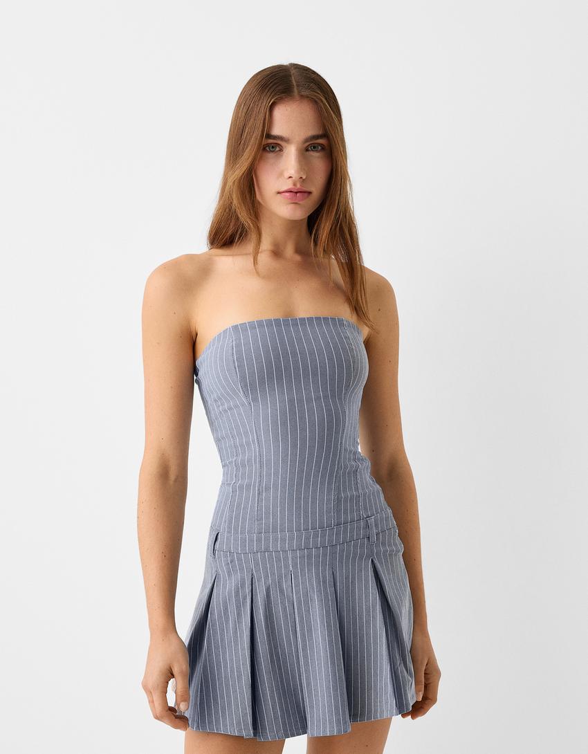 Short striped stretch box pleat dress-Blue
