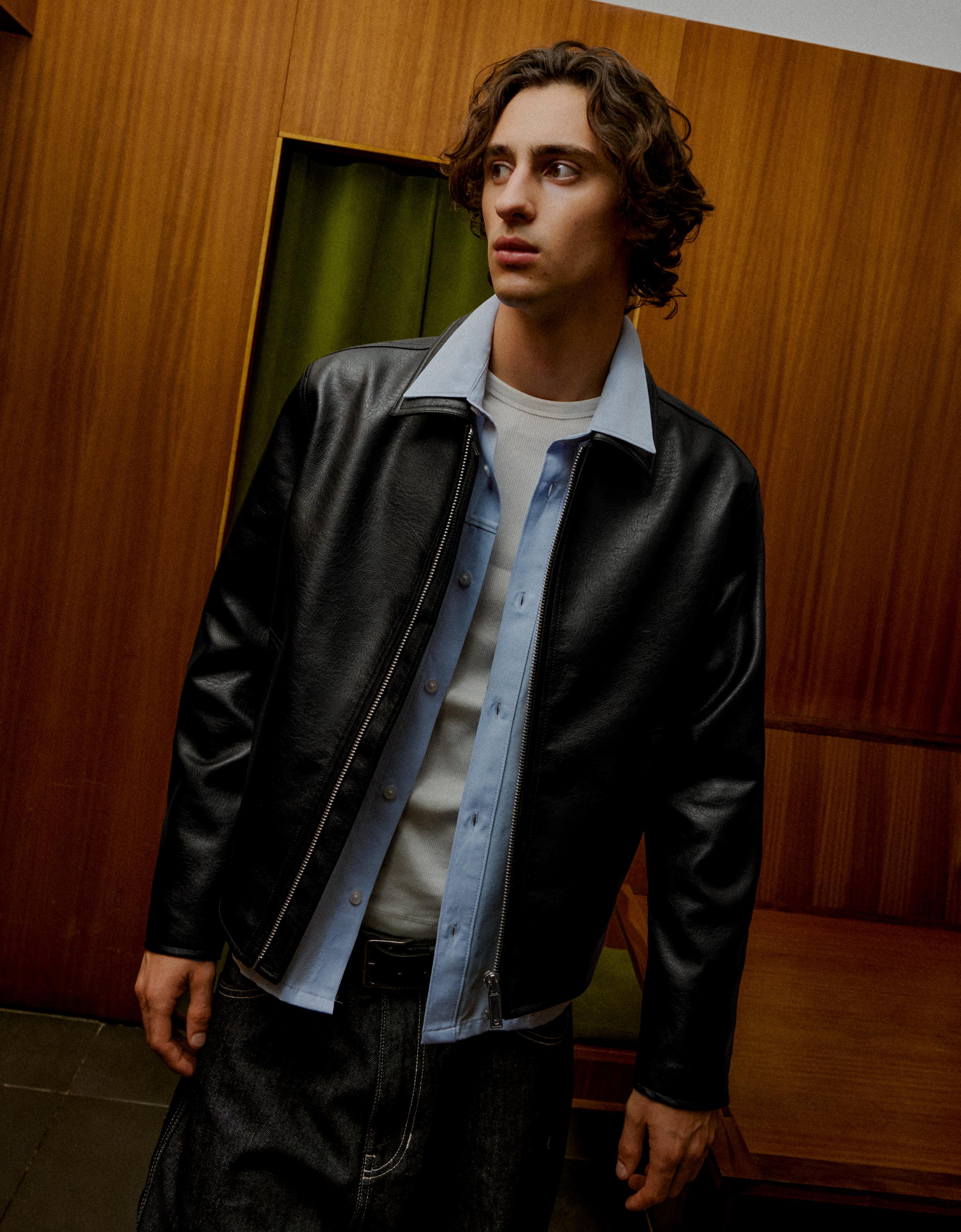 Boxy leather effect jacket — Black