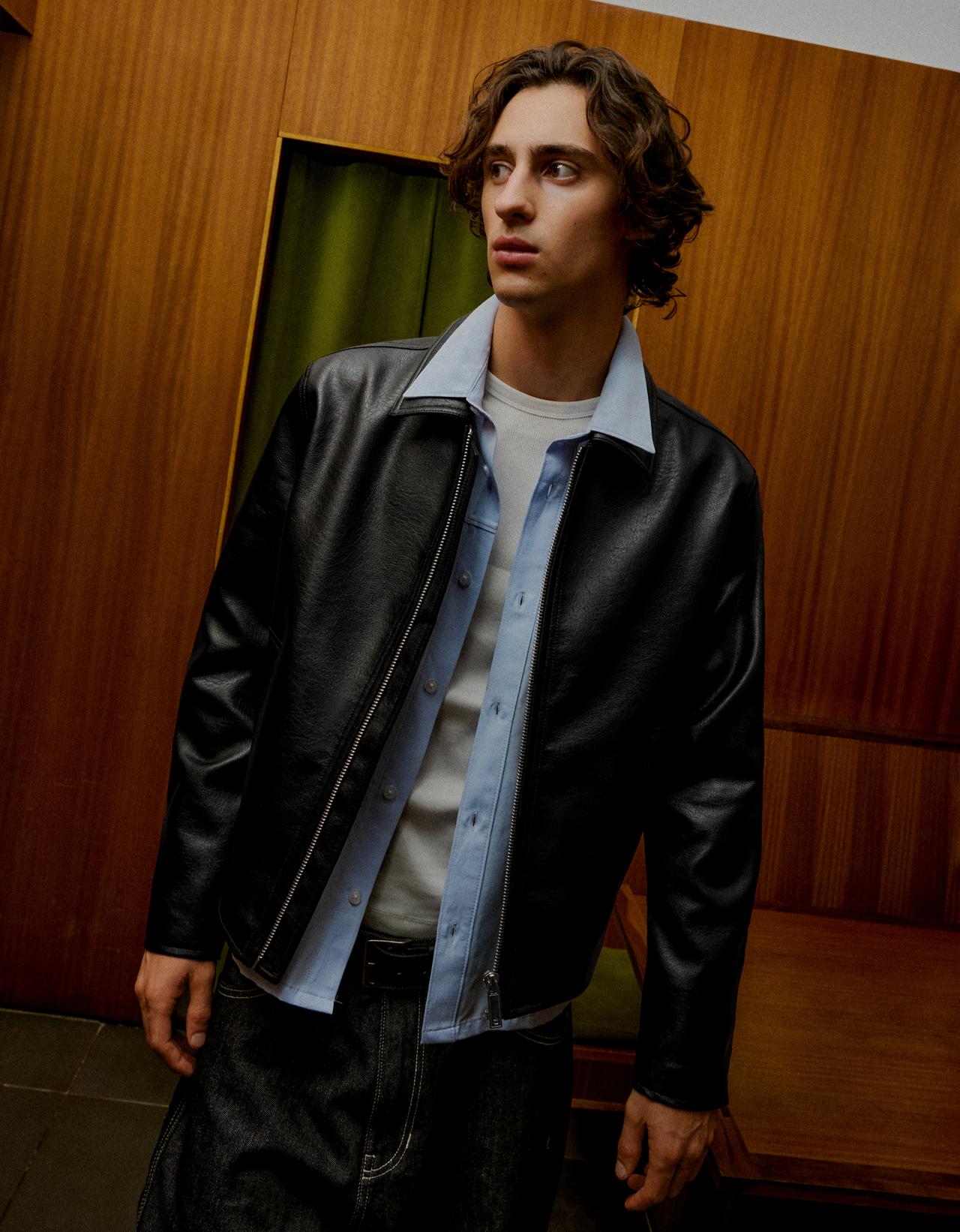 Boxy leather effect jacket — Black