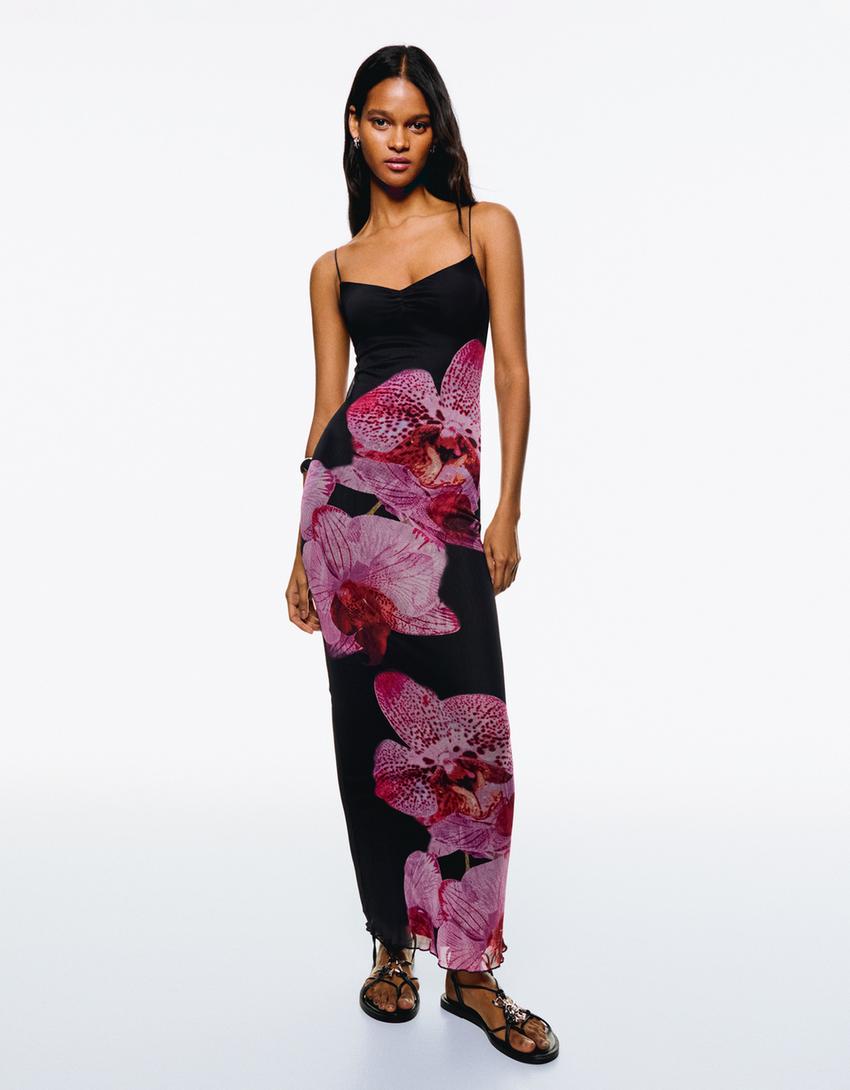 bershka black floral dress Bershka milkmaid floral maxi dress in black